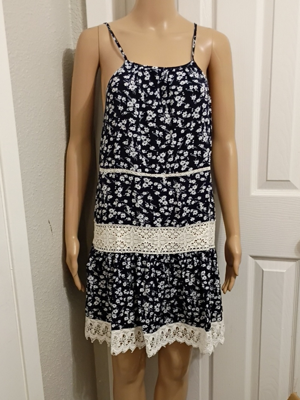 Navy Floral Lace-Trim Spaghetti Strap Dress